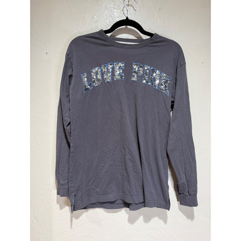 Victoria's Secret PINK Long‎ Sleeve Open Back Sequin Graphic Tee Grey Small